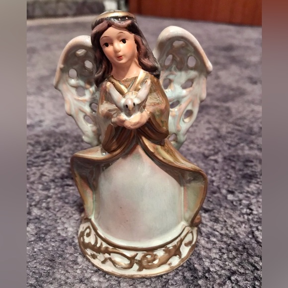 Vintage Trio of Glazed Ceramic Christmas Angel Bells with Reticulated Wings - Picture 5 of 10